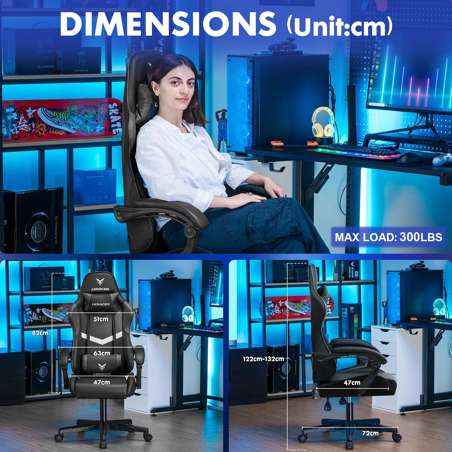 LUCKRACER Massage Gaming Chair with Lumbar Support