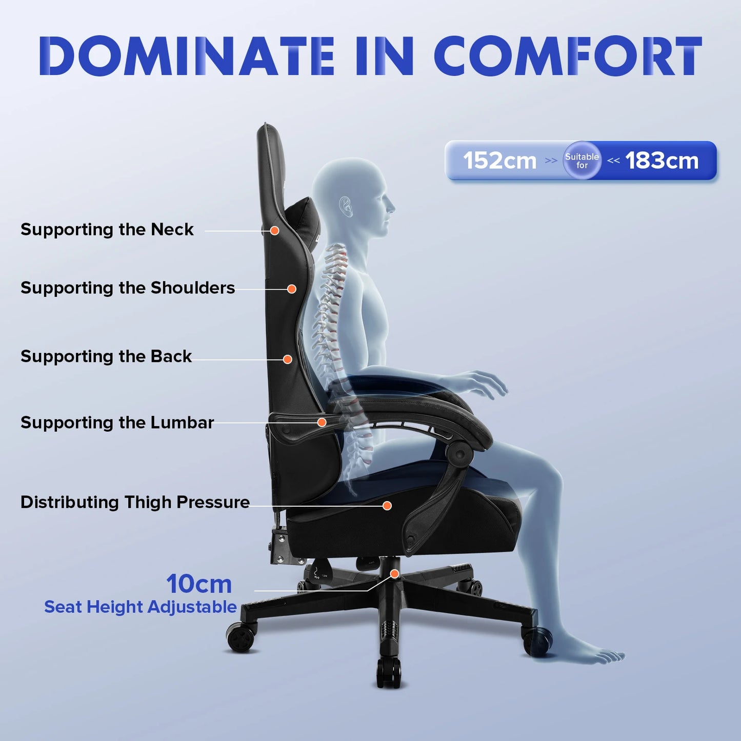 LUCKRACER Massage Gaming Chair with Lumbar Support