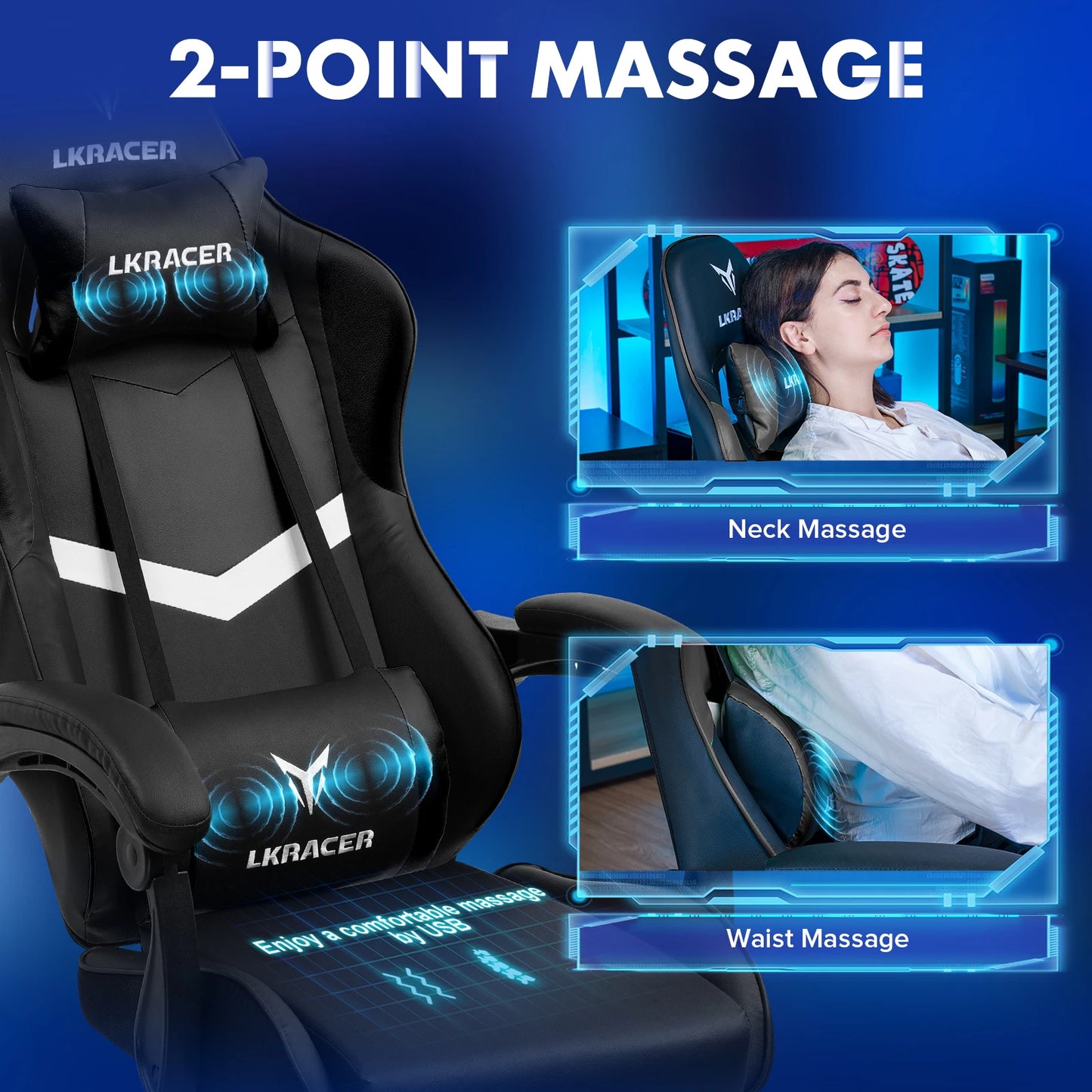 LUCKRACER Massage Gaming Chair with Lumbar Support